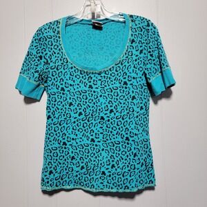 Y2K Vintage 90s Ransom Turquoise Black Leopard Print Scoop Neck Tee Shirt Top XL